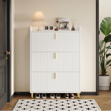 Schuhschrank (80x23x123.5 cm), 3 Klappen, verstellbare Regale, Ablagefläche, MDF, Weiß (1/5)