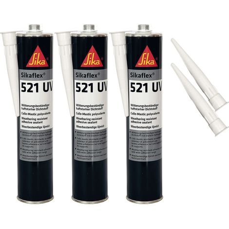 Sikaflex-521 UV Witterungsbeständiger haftstarker Dichtstoff, 300ml, hellgrau, 3 Set mit 5 Düsenspitzen