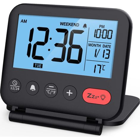 Réveil de voyage numérique NOKLEAD pour chambre bureau : petite horloge de bureau LCD avec rétroéclairage, date, température, répétition, mode 12/24H et week-end, miroir, pliable à piles pour adultes (1/5)