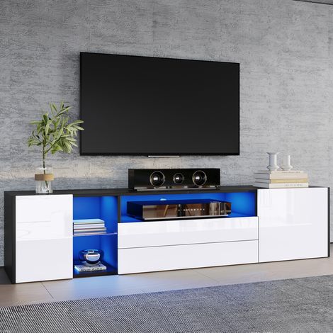Mobile TV laccato lucido 180 x 40 x 45 cm con LED, consolle per soggiorno con 2 ante e 2 cassetti, stile scandinavo, bianco e nero (1/5)