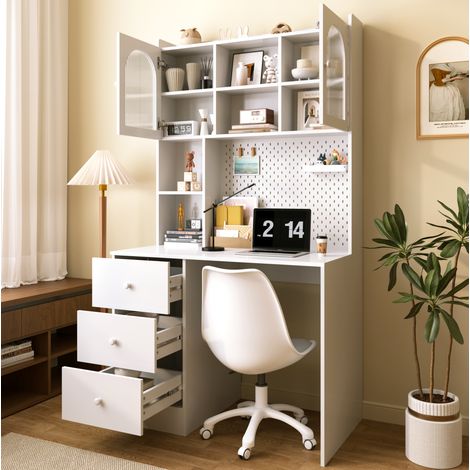Toeletta bianca con contenitore, 100x55x180 cm, scrivania con frontale in vetro, pannello forato, 3 cassetti, MDF (1/5)