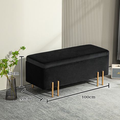 Banc rembourré noir avec coffre de rangement intégré, banquette en tissu et pieds métal, assise mousse, structure bois d'hévéa, dimensions 100 x 40 x 42 cm, meuble polyvalent pour entrée ou salon, ran (1/5)