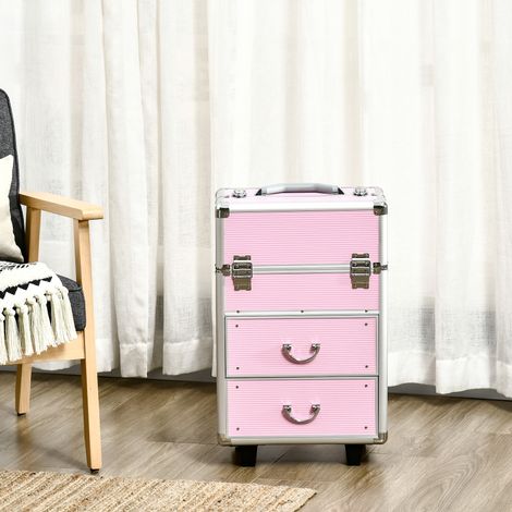 Valise trolley de maquillage, mallette cosmétique vanity en aluminium et ABS roses, poignée télescopique réglable, 36 L x 23 l x 58 H cm (1/5)
