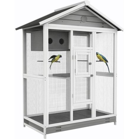 Grande cage oiseau volière à oiseaux intérieur exterieur, 4 perchoirs bac à litière coulissant 112 x 68 x 154 cm gris (1/5)