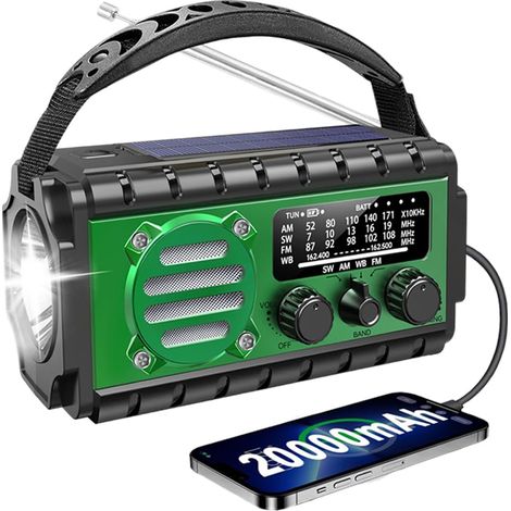 Radio Dynamo Portable de Survie 20000mAh - Radio AM/FM, Power Bank, SOS, Lampe Poche, Panneau Solaire, Recharge Manivelle/USB, Éclairage LED Longue Durée (Vert)
