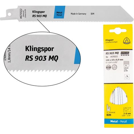 Klingspor RS 903 MQ Säbelsägeblätter, 150 x 19 x 0,9 mm Nutzlänge 130Bi-Metall, gefräst, geschränkt , 14 Zähne pro Zoll, SB-verpackt im Karton