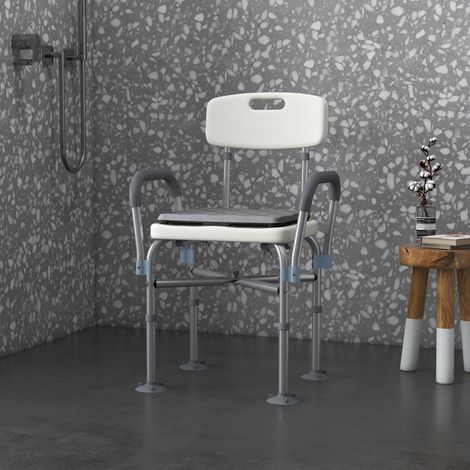 Höhenverstellbarer Duschstuhl (5-fach), gepolsterte Armlehnen und abnehmbares Kissen, aus Aluminium und HDPE, mit Ablauflöchern, 53,5 x 52 x 80–90 cm, weiß