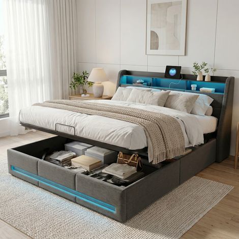 Letto Contenitore 140x190 cm, Struttura Letto con LED RGB e Vano Salvaspazio, Testiera con Porte USB/Type-C, Letto Matrimoniale Imbottito in Tessuto Grigio