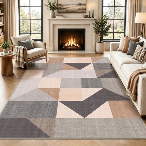 Tapis de Salon 120x180 cm Moderne Conception Géométrique Doux Lavable en Machine, Dos Antidérapant, Poil Ras, Gris Marron Beige, pour Chambre, Entrée Couloir, Bureau, Bebe (1/5)