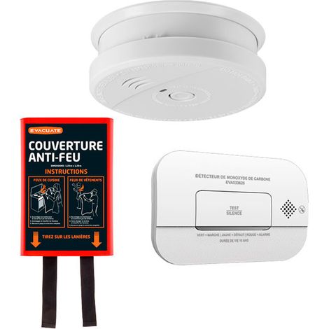 EVACUATE Détecteur de fumée NF autonomie 5 ans + détecteur de monoxyde de carbone NF 3 ans + couverture anti-feu 1,20x1,20 m (1/5)