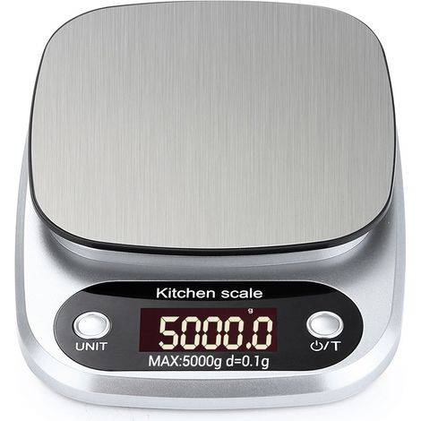 Balanza de cocina digital con pantalla LCD de 0,1 g, acero inoxidable, 21 x 15,5 cm, 3 kg - 5 kg, 4 unidades, portátil, para repostería. (1/5)