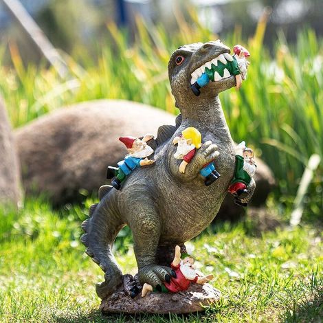 Statues de nain de jardin décor extérieur, dinosaure mangeant des gnomes Art de jardin extérieur pour automne hiver décor de jardin, statue extérieure pour patio, pelouse, décoration d'art de cour, En (1/5)