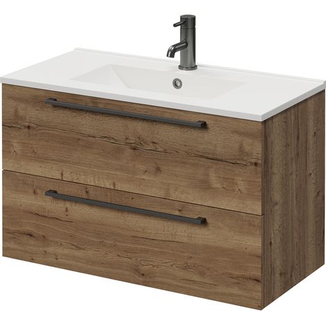 Napoli 390 Tobacco Oak 800mm Wall Mounted 2 Drawer Vanity Unit with Angel Basin - 800mm - Gunmetal Grey 480mm Handle
