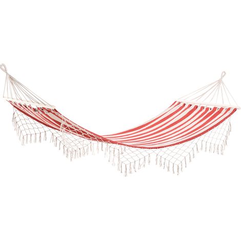Hamac voyage portable hippie chic rayé rouge crème, toile coton polyester, dim. 2 x 1 m