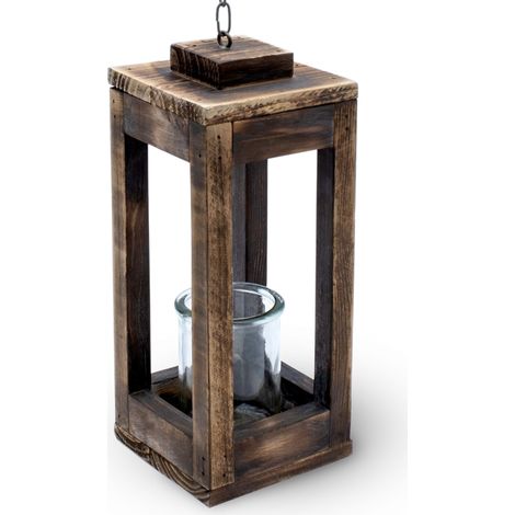 Holz Hänge Laterne mit Metall Kette - 31 cm - Deko Kerzenhalter mit Kerzenglas - Tisch Deko Leuchte Windlicht Kerzenhalter zum Aufhängen