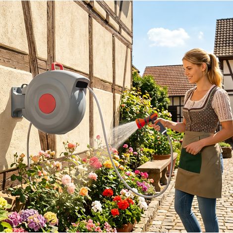 Enrouleur tuyau mural automatique 30 m avec pistolet 9 jets, blocage réglable, pivot 180°, résistant UV et gel, Rouge