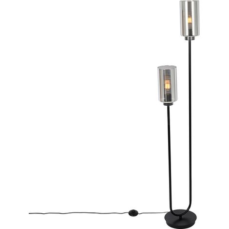 Art Deco Floor Lamp Black with Smoke Glass 2-Light - Laura