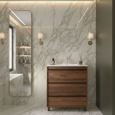 Mobile Bagno a Terra 80 cm con Lavabo in Ceramica e 3 Cassetti Noce Maya – Urban