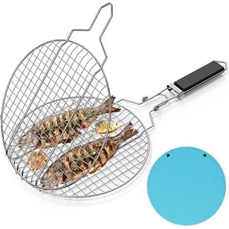 Filet de gril rond pliable en acier inoxydable avec poignée amovible pour barbecue, légumes, poissons, crevettes, cuisine en plein air (1/3)