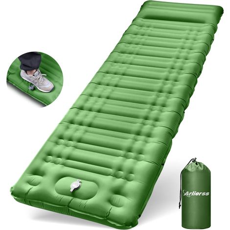 Matelas de Camping Gonflable, Matelas Autogonflant Camping avec Oreiller avec Encastré Pompe à Pied Matelas Étanche Portable pour Camping, Voyage, Plage, Tente, Sac de Couchage -Vert (1/5)