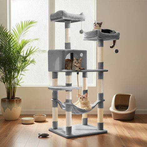Arbre à Chat 143 cm, Tissu Peluche, 11 Poteaux à Griffer, 2 Pompons, 2 Plateformes, 1 Hamac,1 Niche, Gris Tourterelle (1/5)