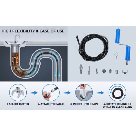 Accessoire de débouchage de canalisations avec câble de nettoyage de 5 m et 6 lames, avec adaptateurs électriques manuels pour cuisine, salle de bain, douche et évier. (1/5)