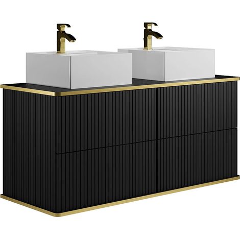 Mobile bagno sospeso scanalature profilo dorato doppio lavabo da appoggio quadrato 120 cm Nero  - KELIZA