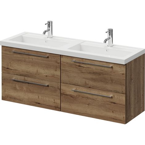 Napoli 390 Tobacco Oak 1200mm Wall Mounted 4 Drawer Vanity Unit with Double Lucia Basins - 1200mm - Chrome 320mm Handle