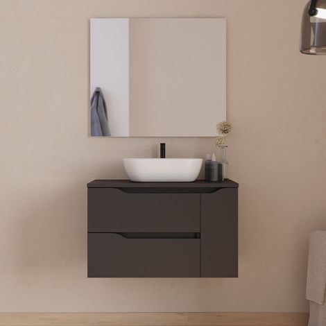 Meuble de salle de bain 80cm avec plateau, vasque à poser centrée Zeus et miroir - 2 tiroirs et un placard - noir - ZARZA