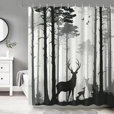 Rideau de Douche Forêt de Cerfs 180 x 180 cm, Pins Rustiques Rideaux de Baignoire Imperméable Anti-Moisissures Tissu avec 12 Crochets (1/5)