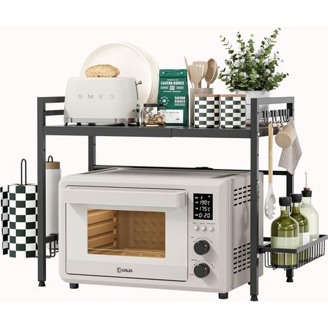 Kitchen Microwave Shelf Expandable Storage Rack with 2 Levels, Microwave Work Shelf with 8 Hooks, Kitchen Towel Holder and Storage Basket, Black (1/5)