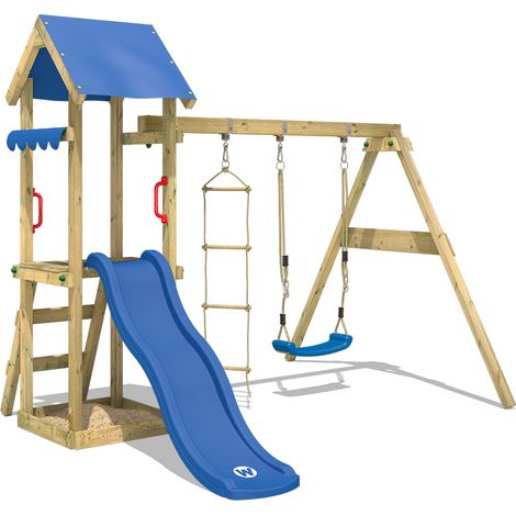 Aire de jeux en bois Wickey TinyCabin avec balançoire et bac à sable – Hauteur de plateforme 90cm – Pour jeunes enfants – Résistant aux intempéries