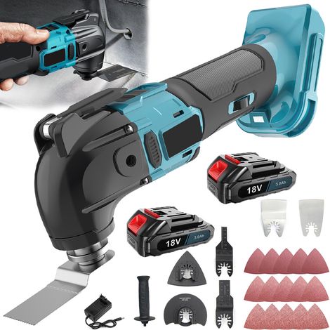 Multi-utensili oscillanti, cordless brushless 6 velocità oscillante multi-utensile levigatrice raschietto sega con 22 lame + 2 batterie 3.0A + caricabatterie, compatibile con batterie Makita