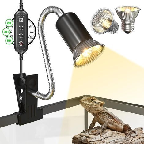 Reptile Heat Lamp, 2-4-8H Timer, 2 x 50W UVA/UVB Bulbs, 360° Rotation, For Terrarium (1/5)