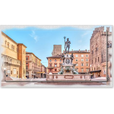 Lupia - Quadro moderno su Tela con Cornice stampata NEWEXT 75x135 cm, paesaggi localismi italiani, per casa soggiorno capezzale camera da letto hotel ufficio, BOLOGNA PIAZZA NETTUNO GIORNO (1/4)