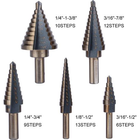 LEMROE HSS Forets étagé Titanium Mèche conique Trépan à redan kit Outil électrique avec Boîte range 5Pcs (1/4)