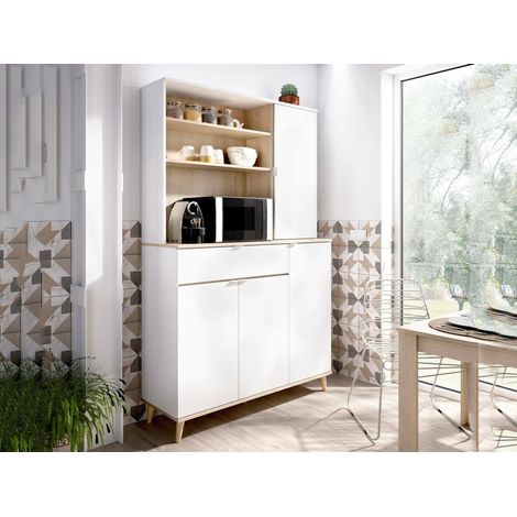 Dmora - Sideboard Sparavero, Pantry-Buffet für Wohnzimmer, Modernes Sideboard für Wohnzimmer mit 4 Türen, 120x40h191 cm, Weiß und Eiche (1/5)