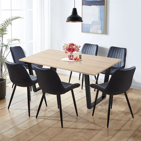 Hallowood Furniture Dudley Dining Table and Chairs Set 6, 150cm Kitchen Table with U-Shaped Metal Legs and Black Bonded Leather Chairs Dinner Set for Home, Kitchen, or Cafe Use (1/5)