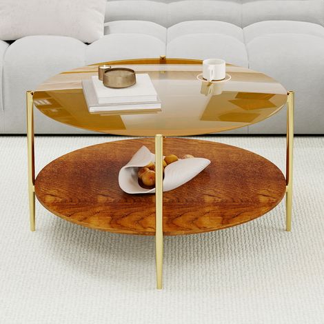 Table basse ronde 82x82x45 cm en verre et bois doré, avec rangement pour salon FloraGrace (1/5)