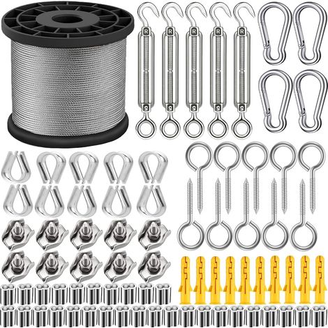 Kit de 95 piezas de cuerda colgante de acero inoxidable/kit de cable para jardín/cable para cuadros/kit de cerca/cable de acero inoxidable 304 de alta resistencia, tensor y gancho de alambre M5 (50 mm (1/5)