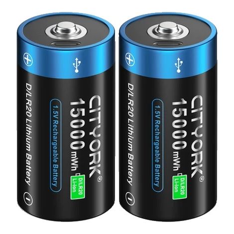 Batería de litio recargable, salida de 1,5 V, carga USB tipo C, 2 baterías D 15000. (1/2)