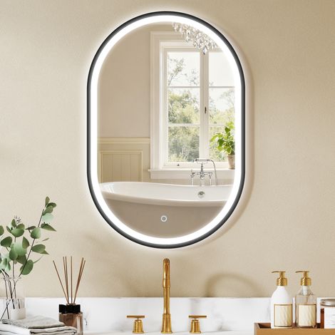Espejo de Baño con Luz 60x90 cm Espejo de Pared Ovalado 3 Colores de Luz Brillo Regulable Función Antivaho Negro (1/5)
