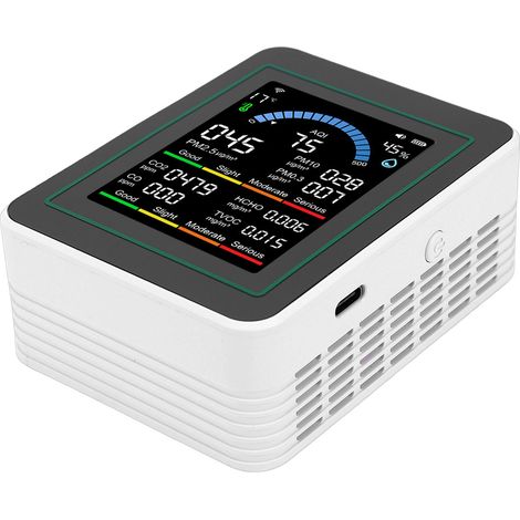 Appareil de mesure de la qualité de l'air Tuya WiFi 10 en 1 : CO2, CO, TVOC, HCHO, PM2.5, PM10, PM0.3, indice de qualité de l'air, température, humidité. Testeur portable d'intérieur, blanc. (1/5)