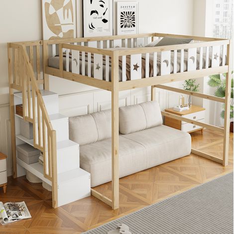 Kinder-Hochbett 253x145x171 cm aus weißem Holz mit Treppe, platzsparend – MEUBLIV (1/5)
