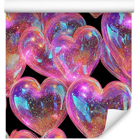 Papel pintado de corazones con purpurina neón, violeta y morado, 50x1000 cm. (1/5)