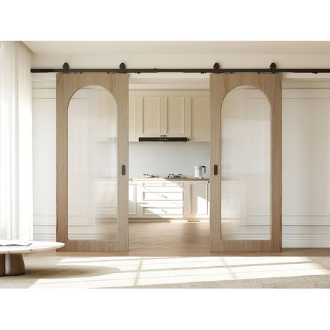 Porte coulissante double avec système en applique en bois et MDF - arche naturel clair et verre trempé cannelé - 2 x H205 x L83 cm - ODEZA (1/2)