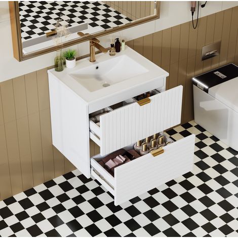 Meuble vasque suspendu 61x46x57 cm avec 2 tiroirs à fermeture douce, MDF laqué blanc et céramique (1/5)