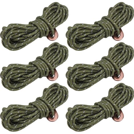 Lot de 6 cordes réfléchissantes de 4 m et 3 mm d'épaisseur, avec boucle en alliage d'aluminium, pour le camping et la randonnée. Couleur : vert armée réfléchissant.
