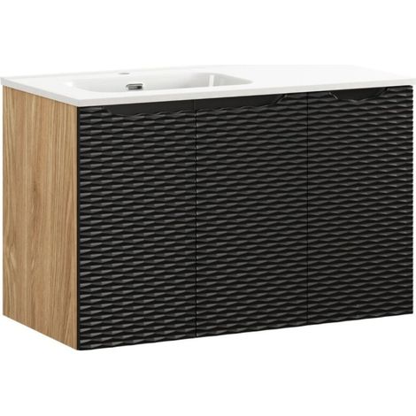Conjunto de baño YOKA negro: muebles bajo lavabo con armario 90cm + lavabo para encastrar