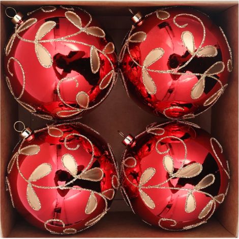 Set mit 4 Weihnachtskugeln (10 cm) – Rot – Mehrfarbige Ausführung – galvanisiert und handbemalt (1/5)